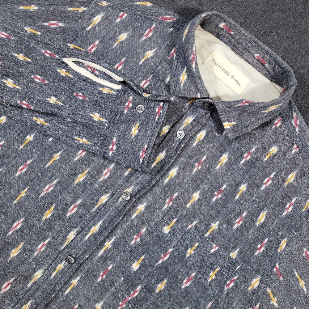 Universal Works Button Up Shirt Men Medium Gray Long Sleeve‎ Aztec Disteressed